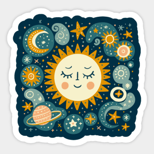 Serenity in the Cosmos - Sun and Stars Celestial Illustration Dark Sticker